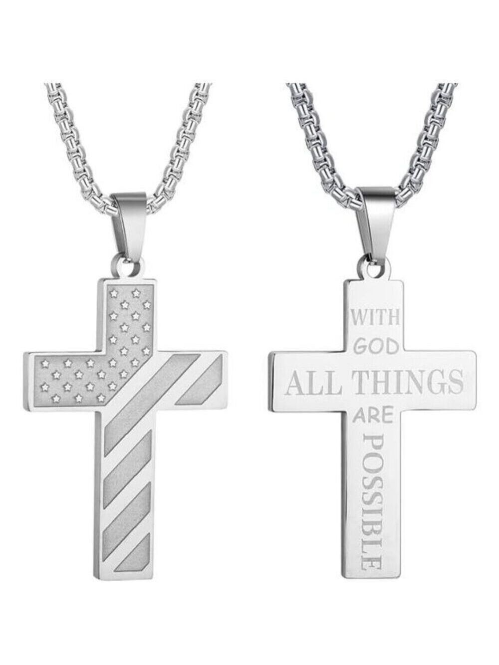 Silver American Flag GOD Cross Necklace Men Stainless Steel Box Chain 22+2 inch
